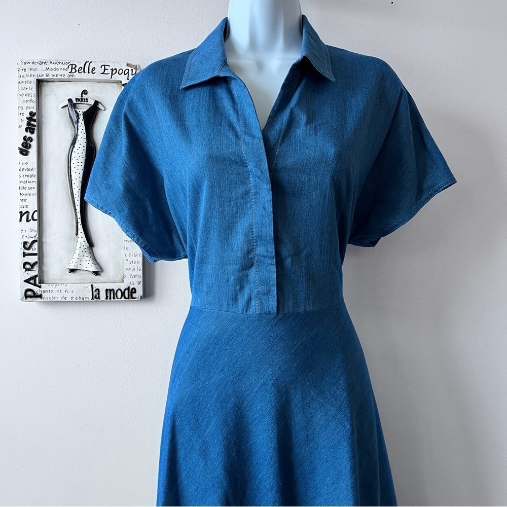 NWT AKRIS PUNTO Minimalist Washed Denim Midi Dress Cutout Kimono Sleeves Size 8 - Picture 2 of 14